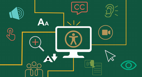 Icons representing various accessibility tools surround a computer monitor with an accessibility symbol.